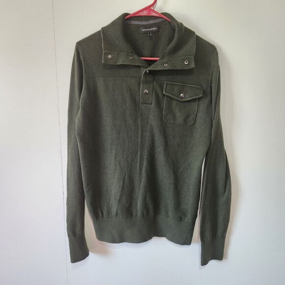 Banana Republic Other - Banana Republic Mens Merino Blend Pullover Sweater Sage Green Snap Collar M Knit